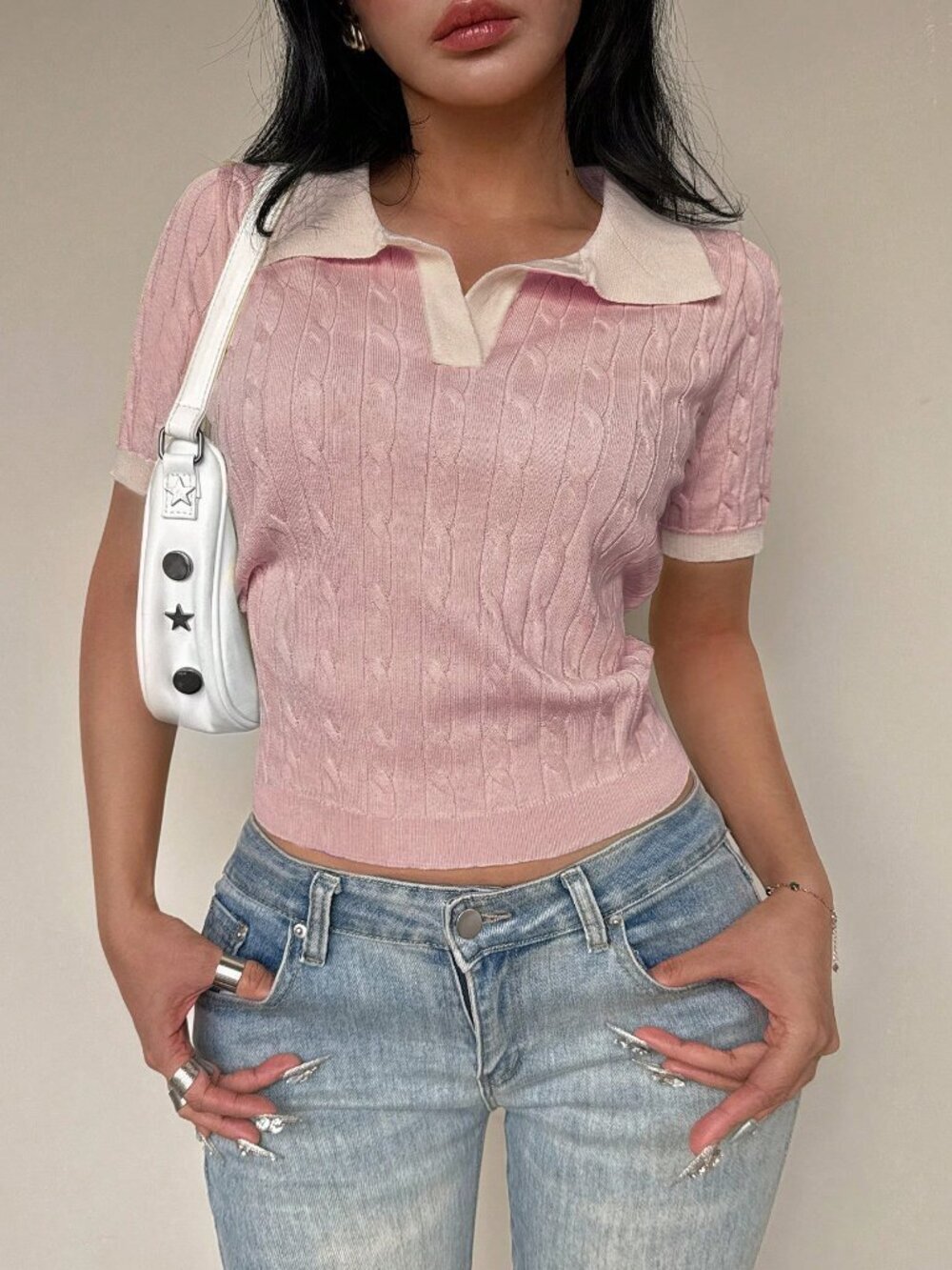 Multicolor Casual Women's Twist Rope Contrast Color Polo Collar Knit Top